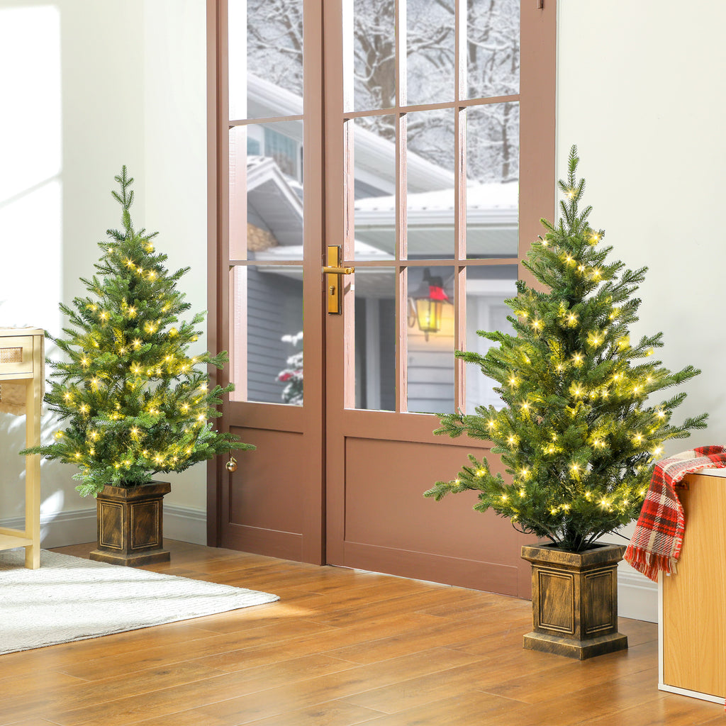 Set of 2 4ft Pre-Lit Artificial Christmas Trees with Vintage Pots