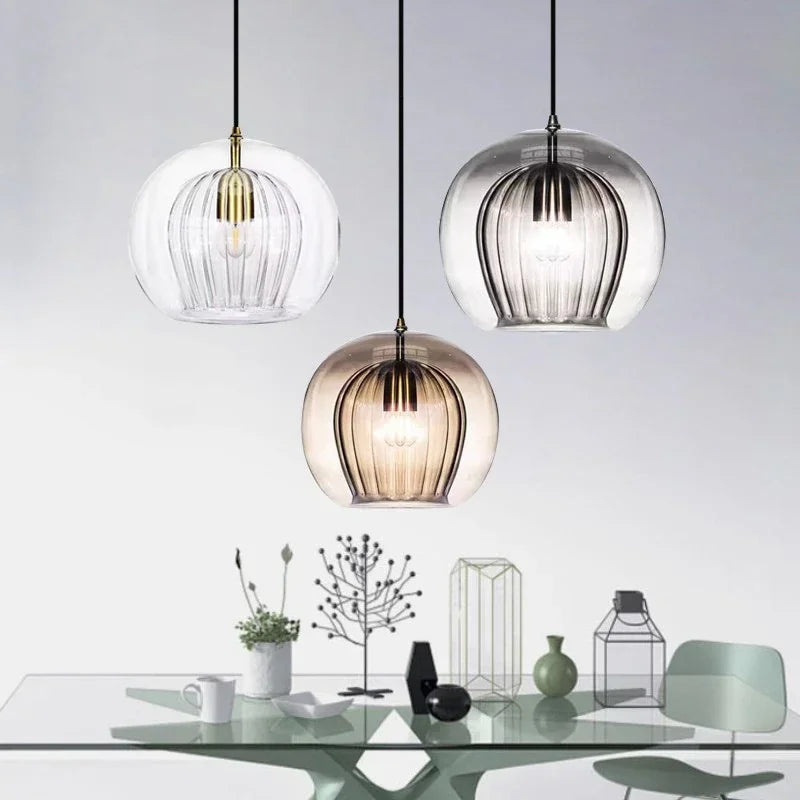 LuxeSphere Ribbed Glass Pendant Light with Ambient Glow