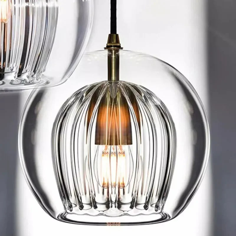 LuxeSphere Ribbed Glass Pendant Light with Ambient Glow