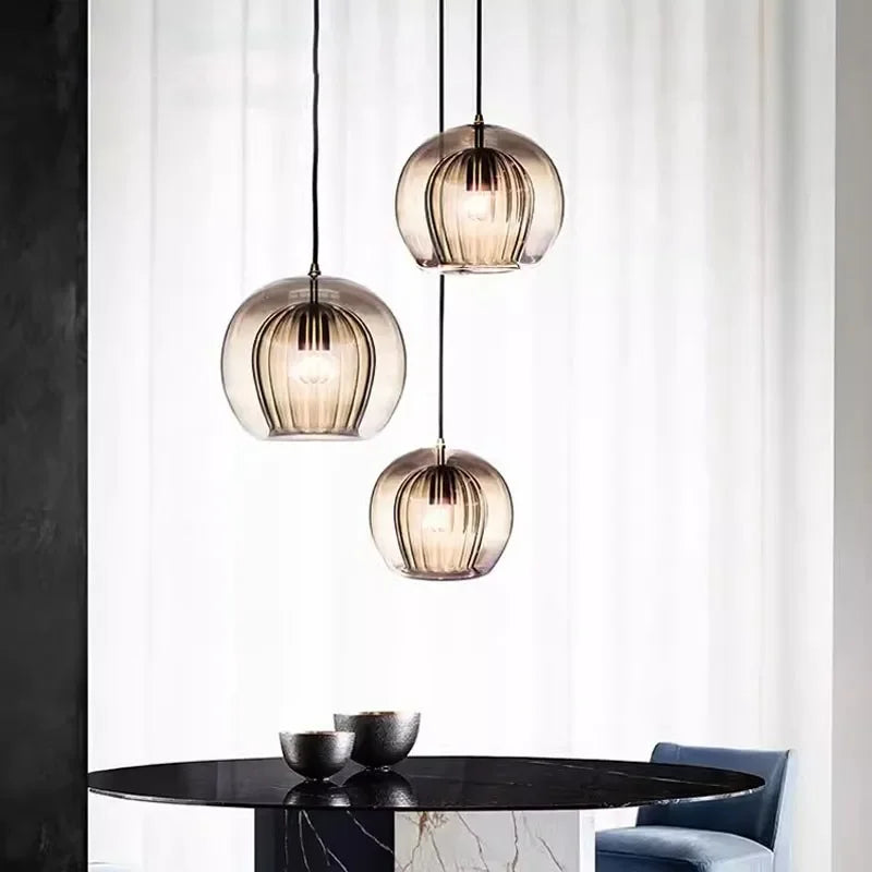 LuxeSphere Ribbed Glass Pendant Light with Ambient Glow