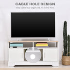 White and Wood TV Stand with Cabinets and Open Shelf