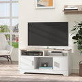 White and Wood TV Stand with Cabinets and Open Shelf