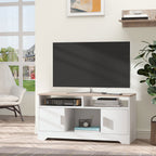 White and Wood TV Stand with Cabinets and Open Shelf