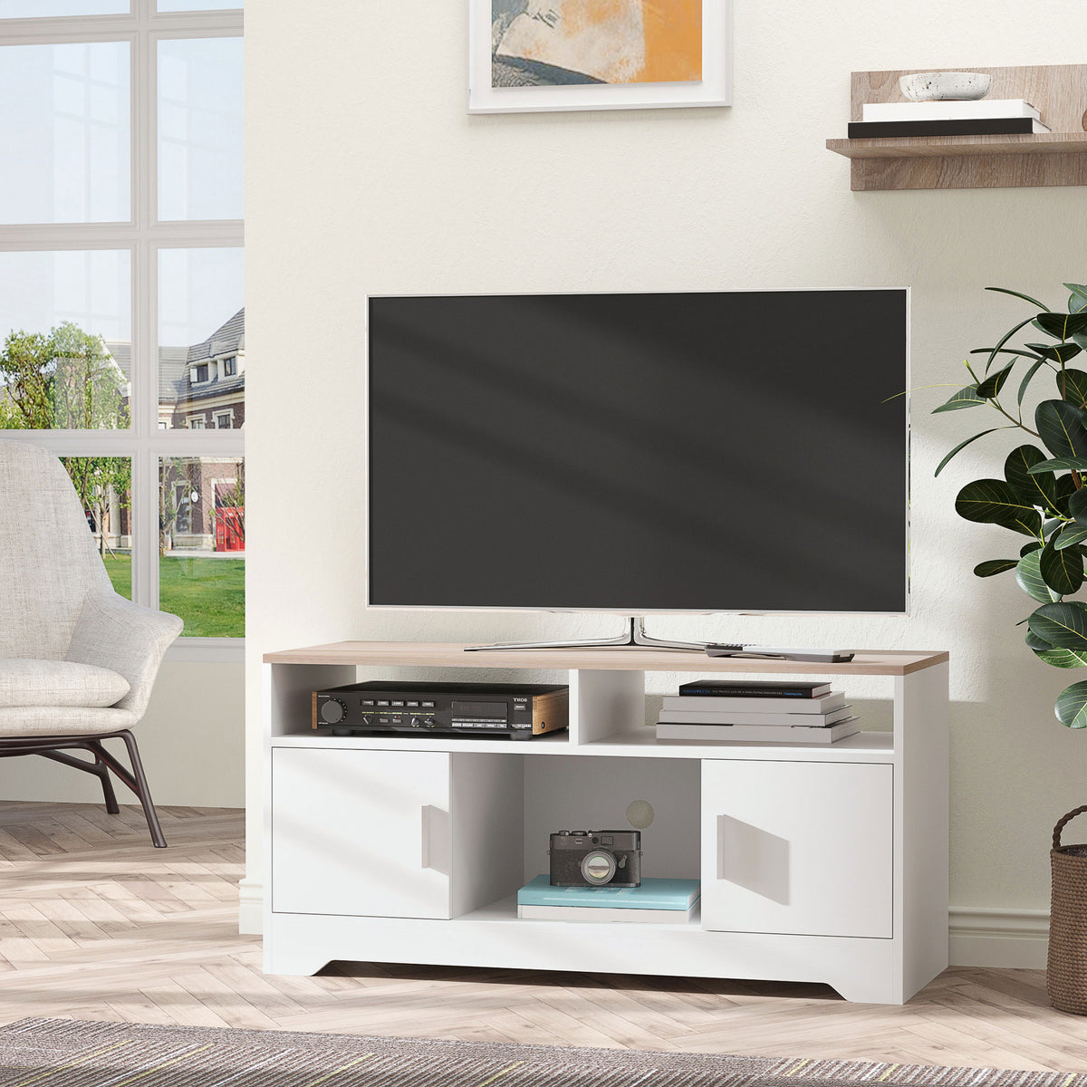 White and Wood TV Stand with Cabinets and Open Shelf