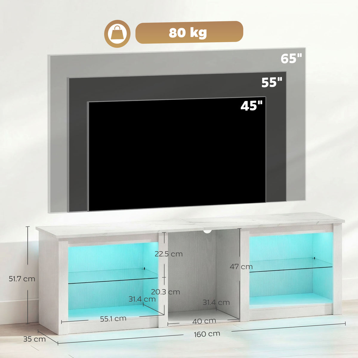 TV Stand with RGB LED Lights and Glass Shelves - White