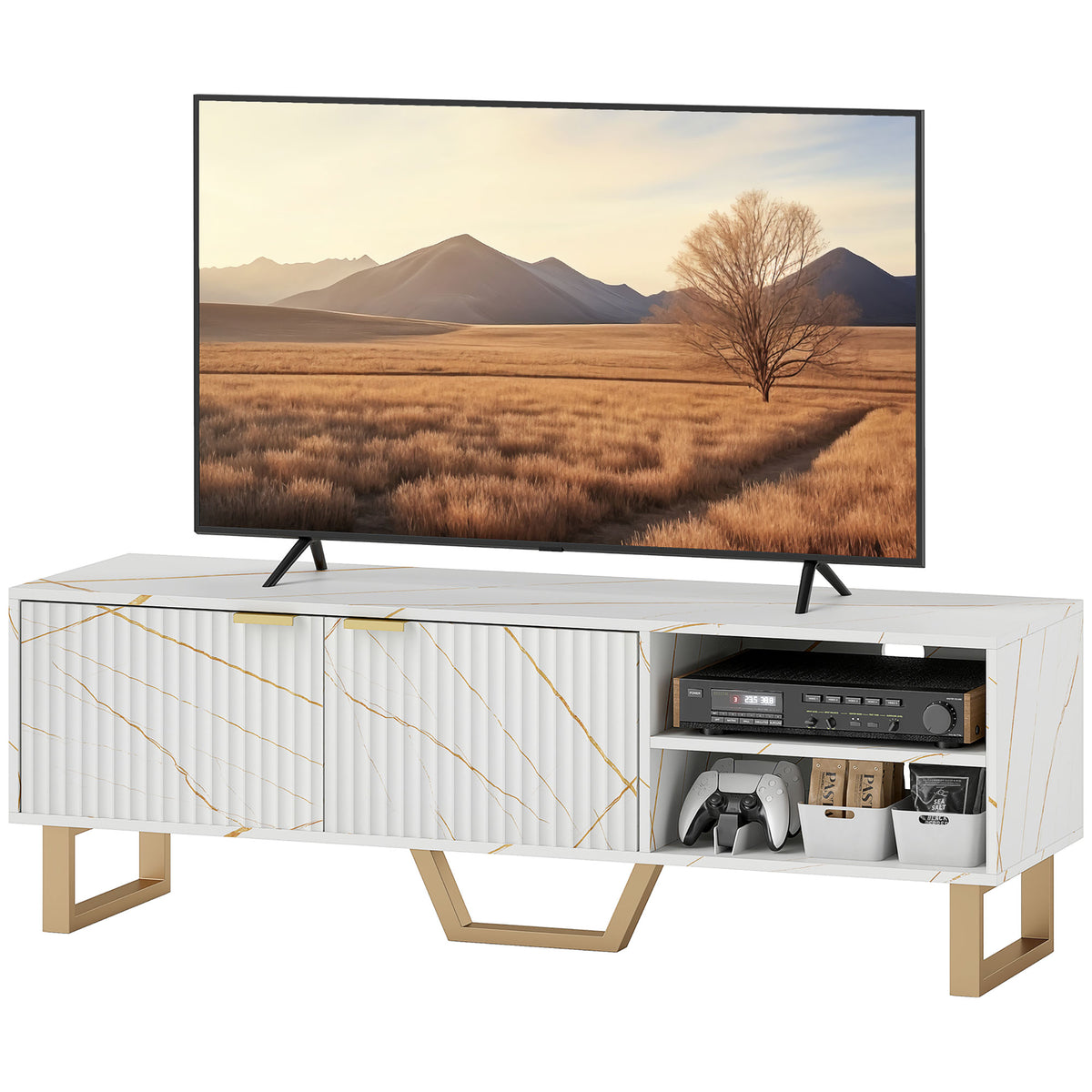 White Marble Effect TV Unit with Fluted Cabinet Doors