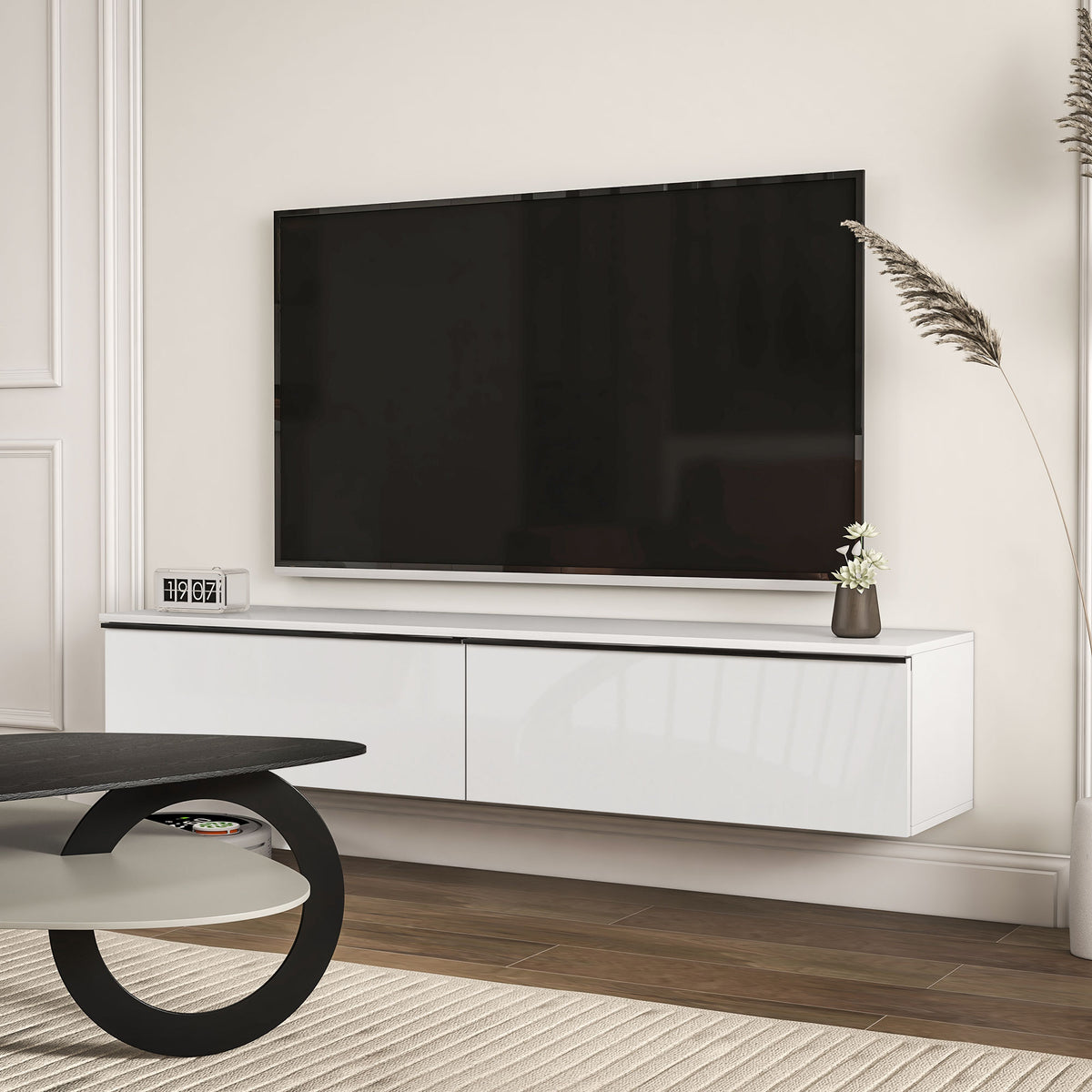White High Gloss Floating TV Cabinet with 2 Cupboards