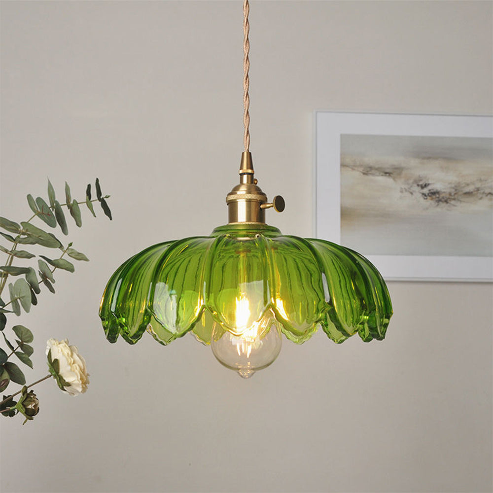 Vintage Flower Pendant Lamp with Coloured Glass Shade