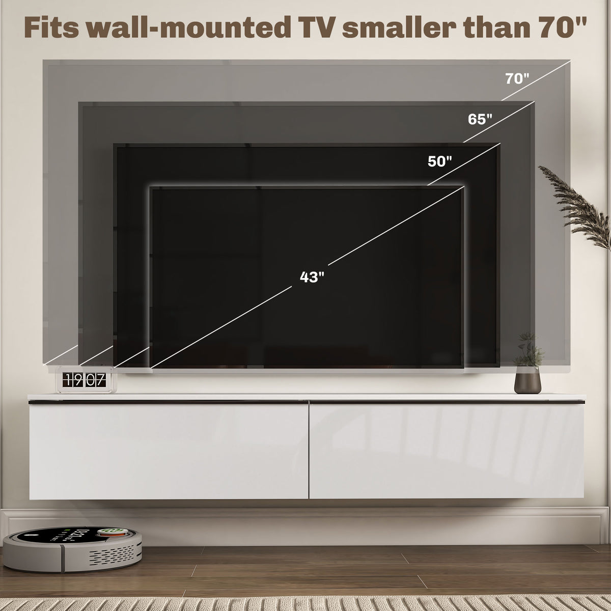 White High Gloss Floating TV Cabinet with 2 Cupboards