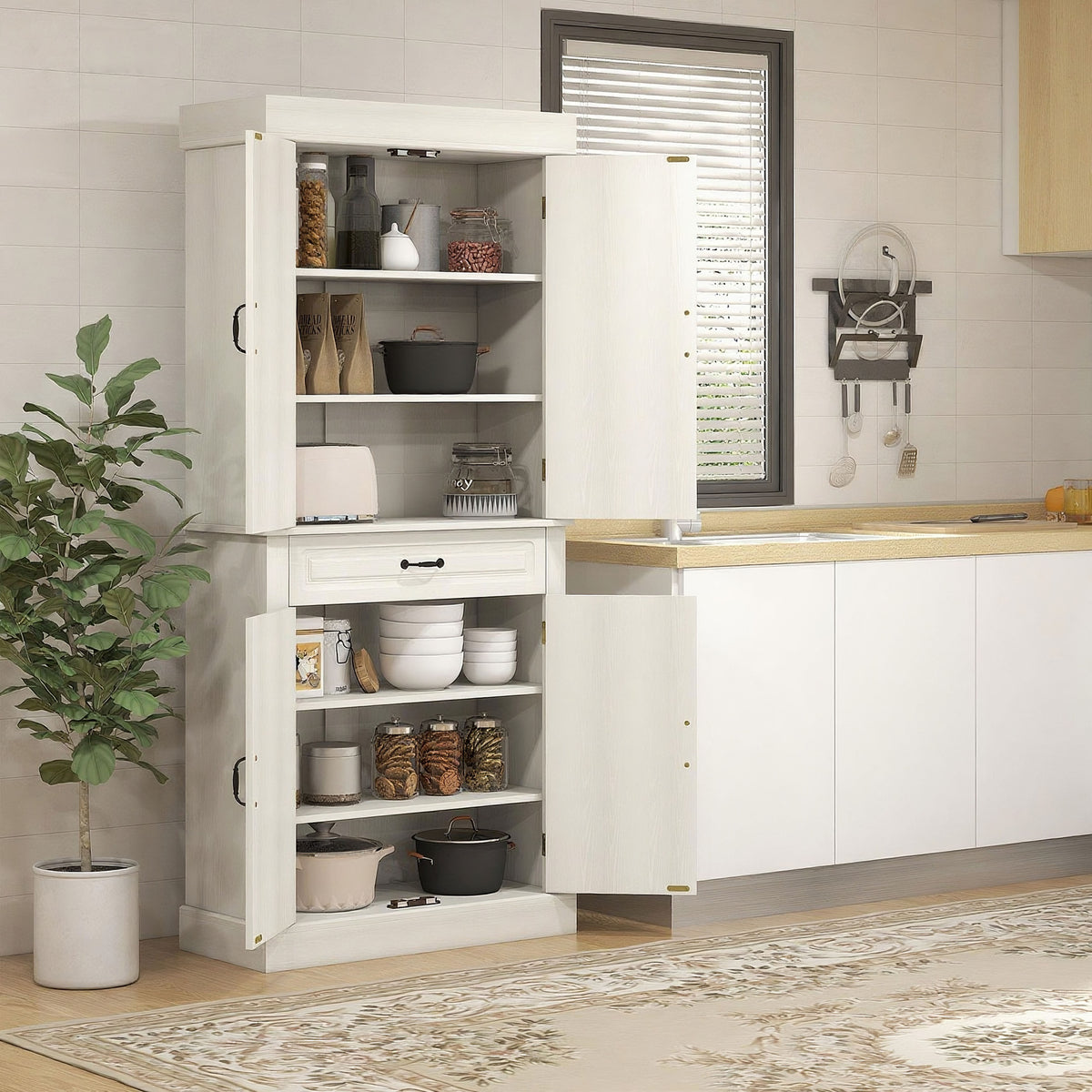 Tall Kitchen Cupboard with Drawer and Dual Cabinet Storage Cream White