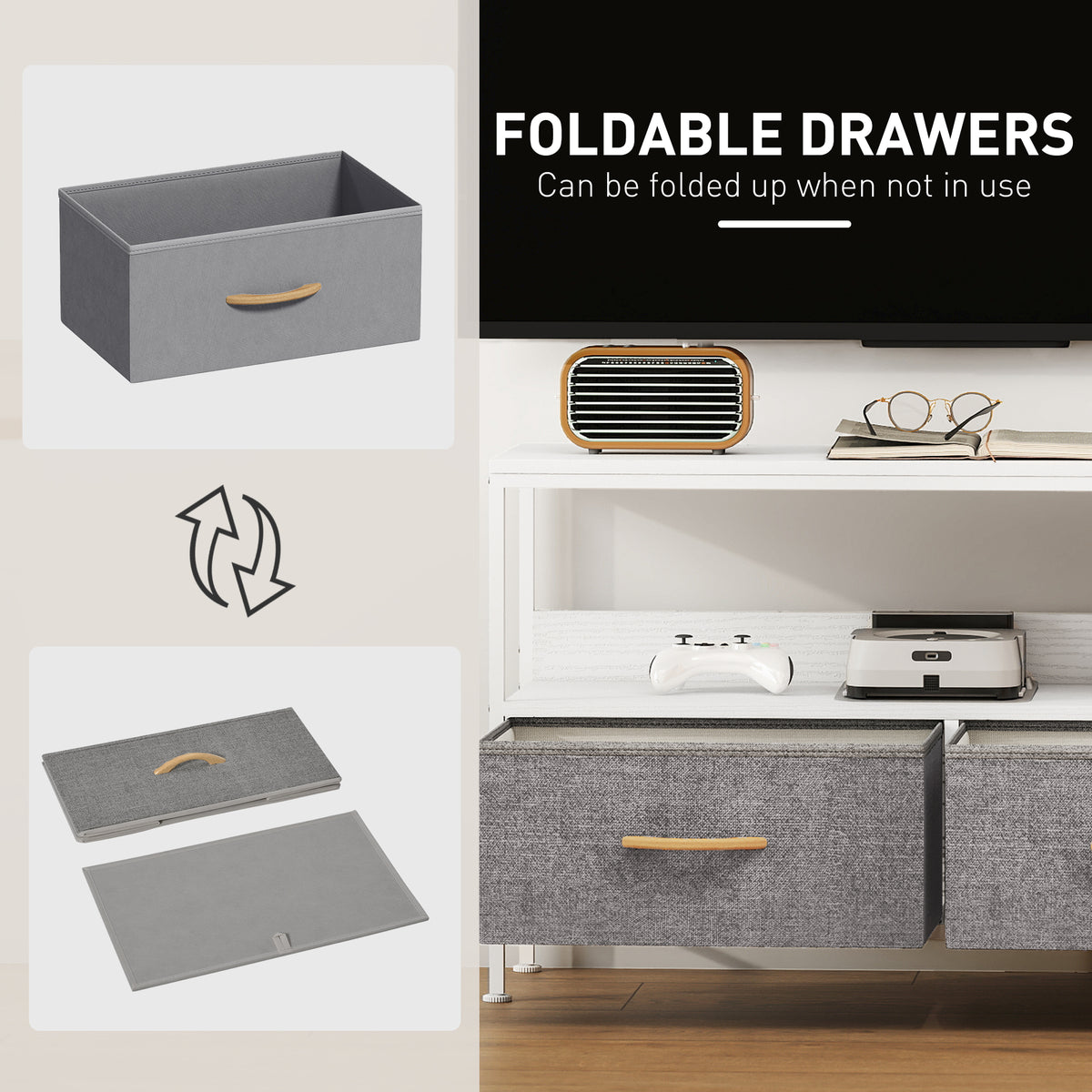 and Black TV Cabinet with Foldable Linen Drawers - White
