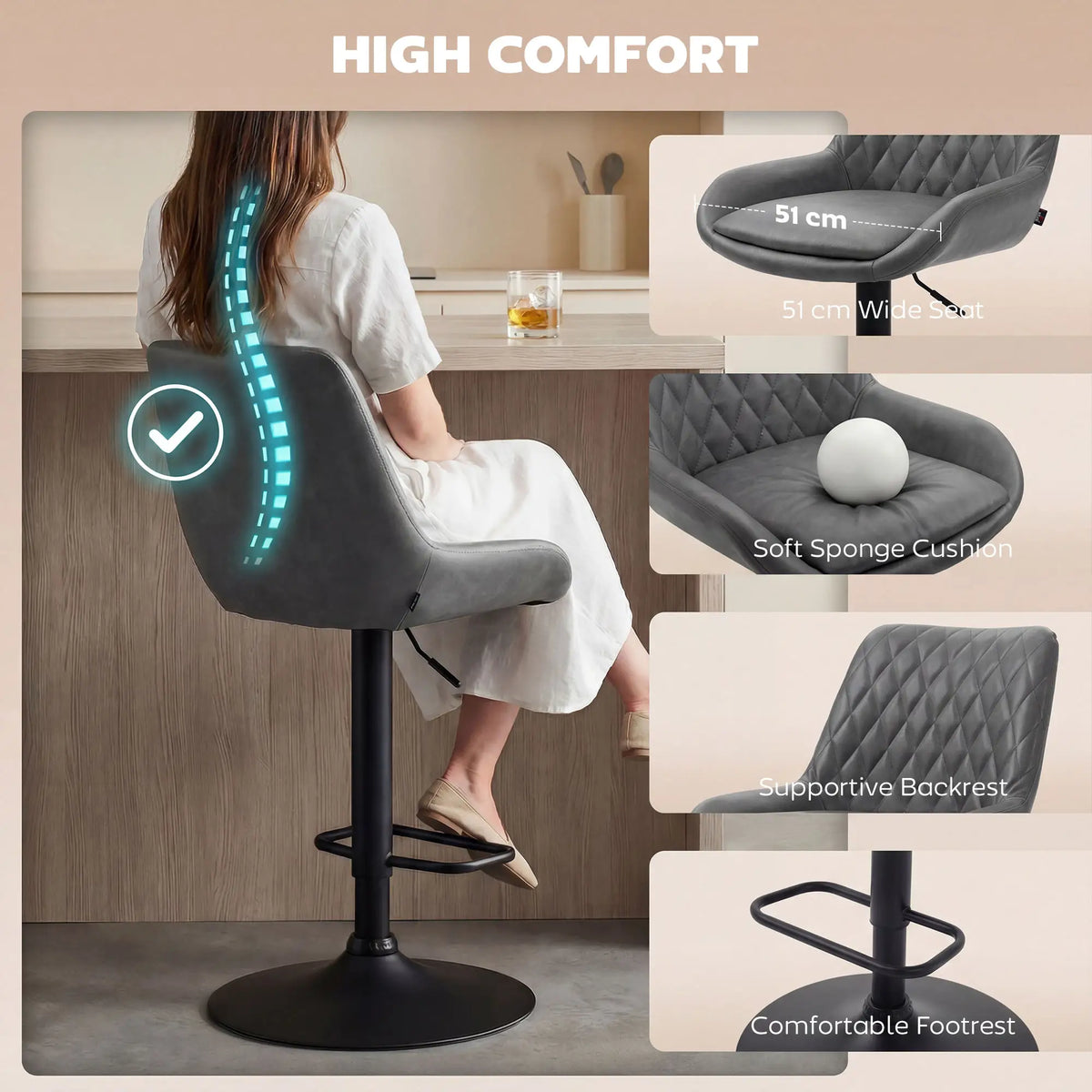 Retro Faux Leather Bar Stools Set of 2 with Adjustable Height