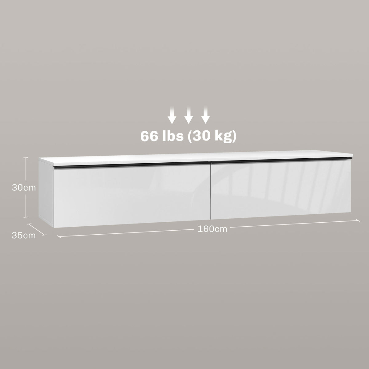 White High Gloss Floating TV Cabinet with 2 Cupboards