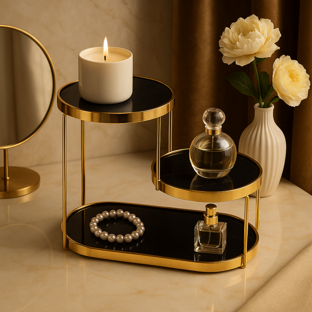 Luxury Marble Tiered Tray with Oval Base and Gold Finish