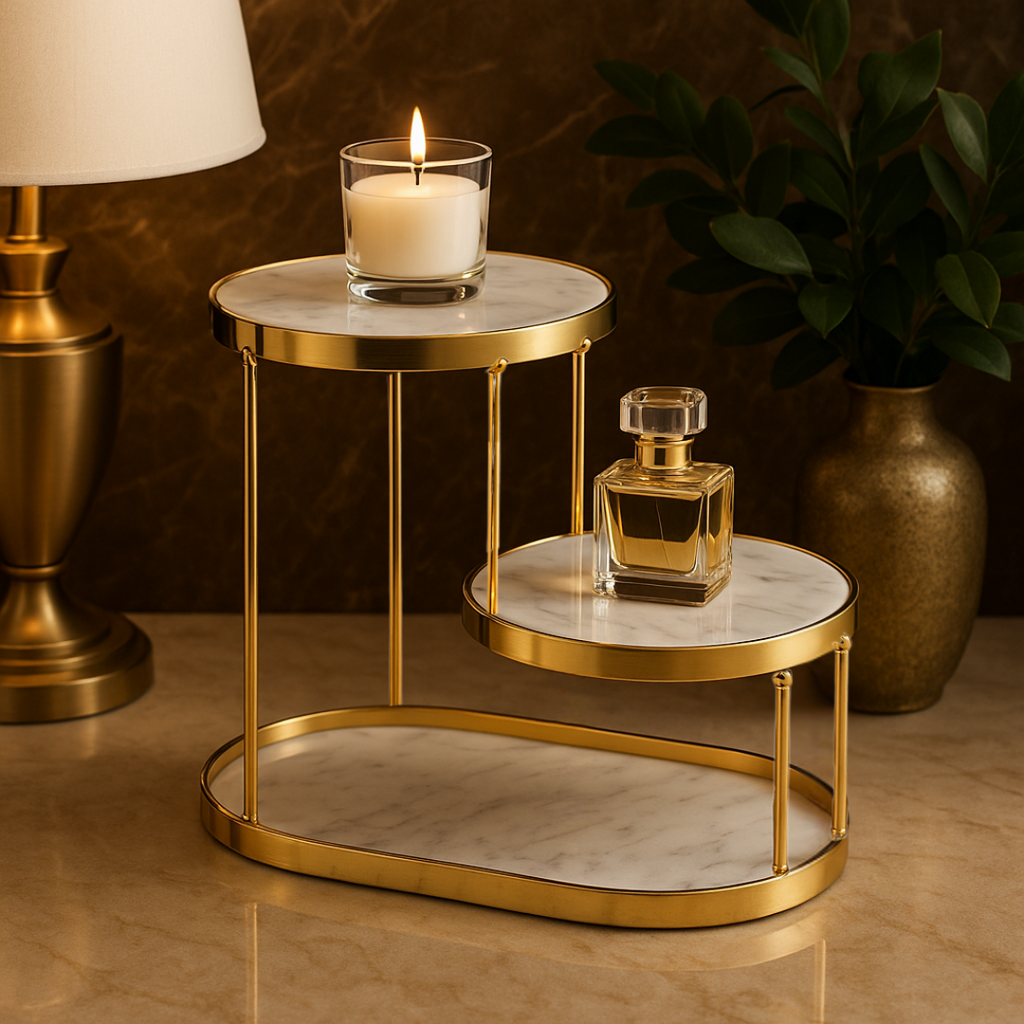 Luxury Marble Tiered Tray with Oval Base and Gold Finish