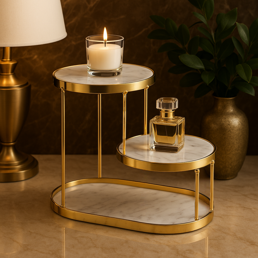 Luxury Marble Tiered Tray with Oval Base and Gold Finish