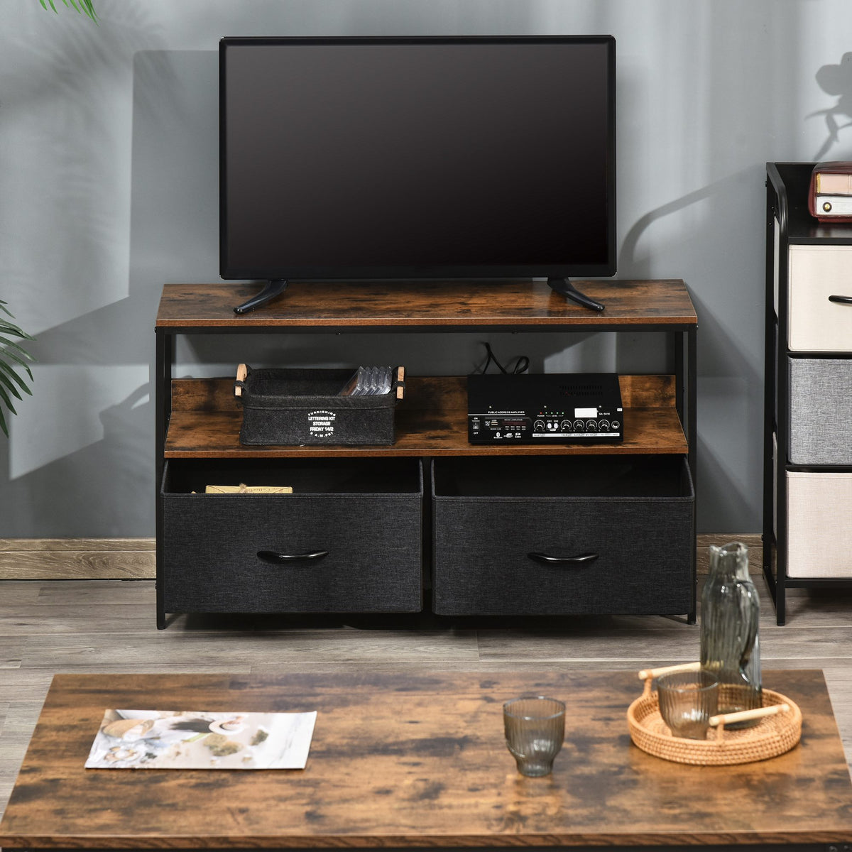 Rustic Brown and Black TV Cabinet with Foldable Linen Drawers