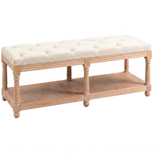 2-Tier Button-Tufted Bed End Bench with Storage Shelf Cream White