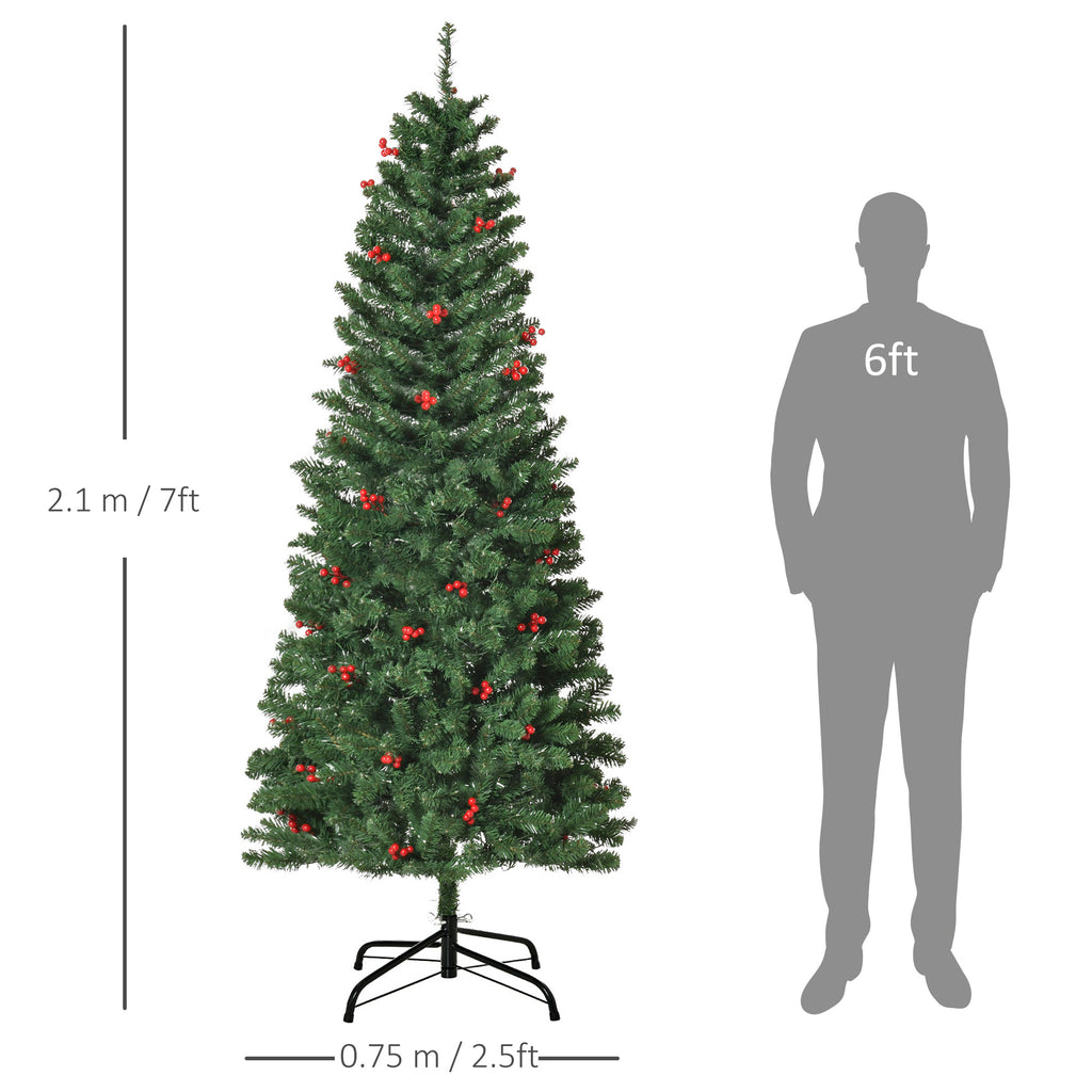 7 Foot Prelit Artificial Pencil Christmas Tree with Warm White LED Lights and Red Berries
