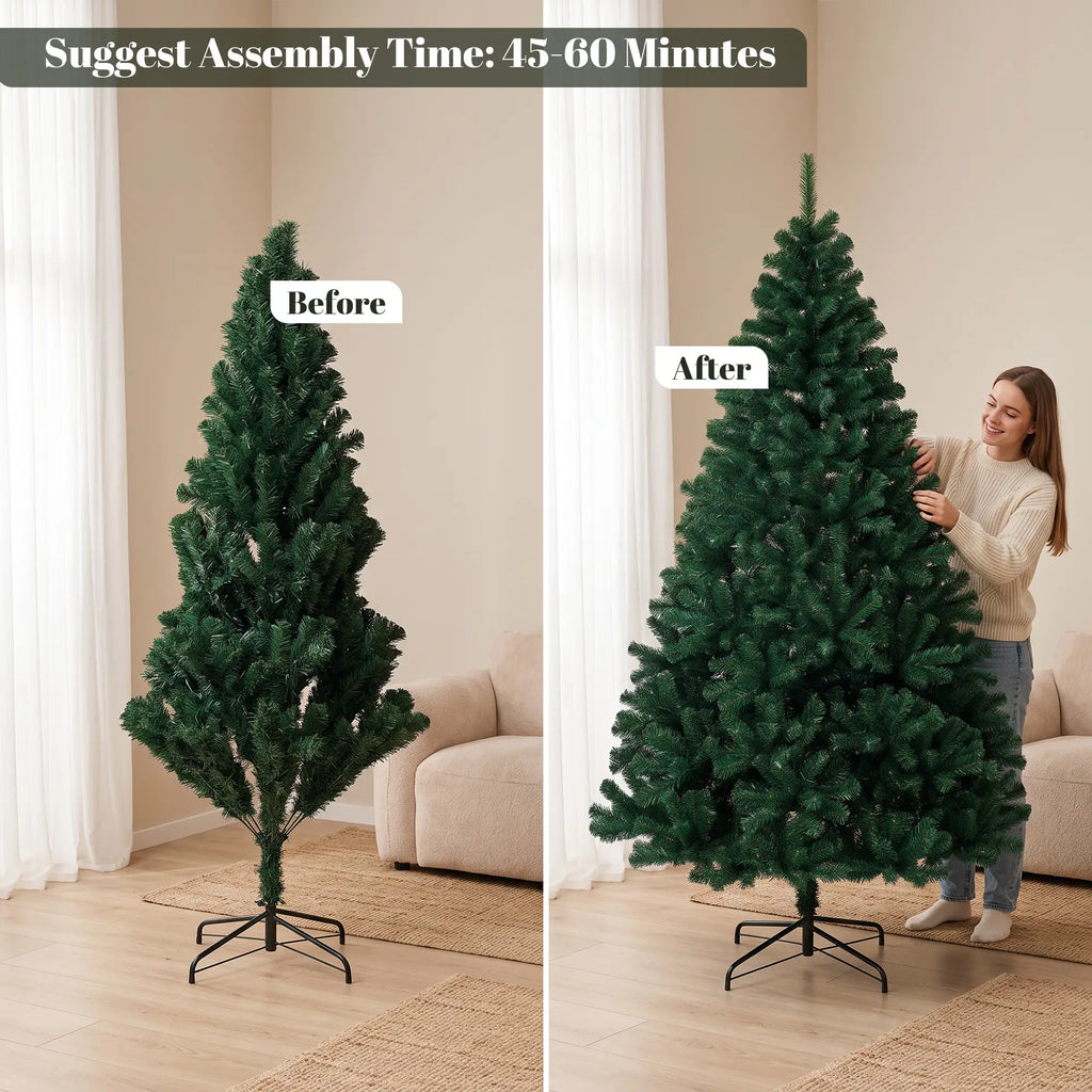 7ft Hinged Fir Christmas Tree with Foldable Steel Stand Green