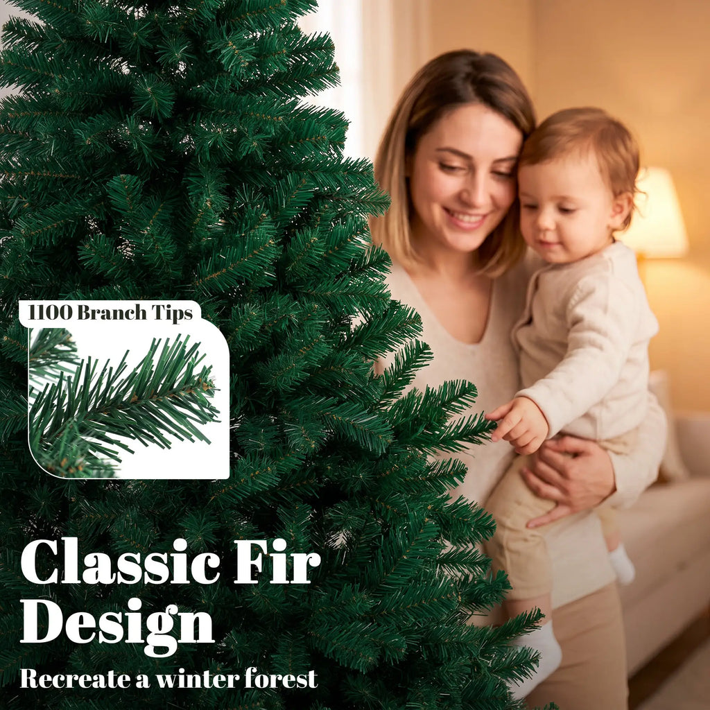 7ft Hinged Fir Christmas Tree with Foldable Steel Stand Green