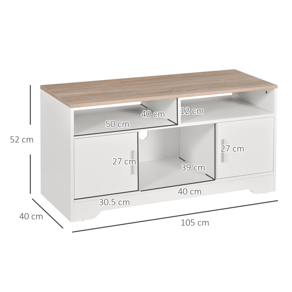 White and Wood TV Stand with Cabinets and Open Shelf