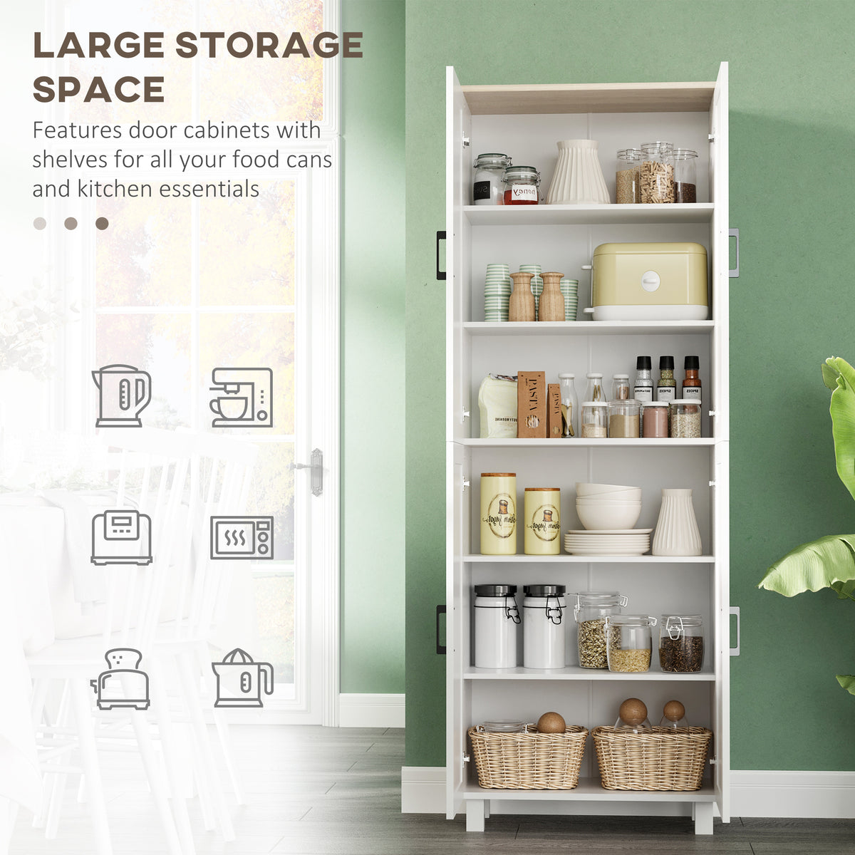 Slim Tall Storage Cupboard with Six-Tier Adjustable Shelving - White
