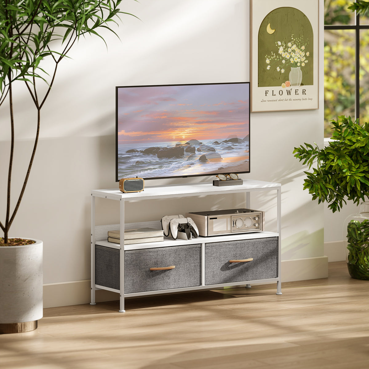 and Black TV Cabinet with Foldable Linen Drawers - White