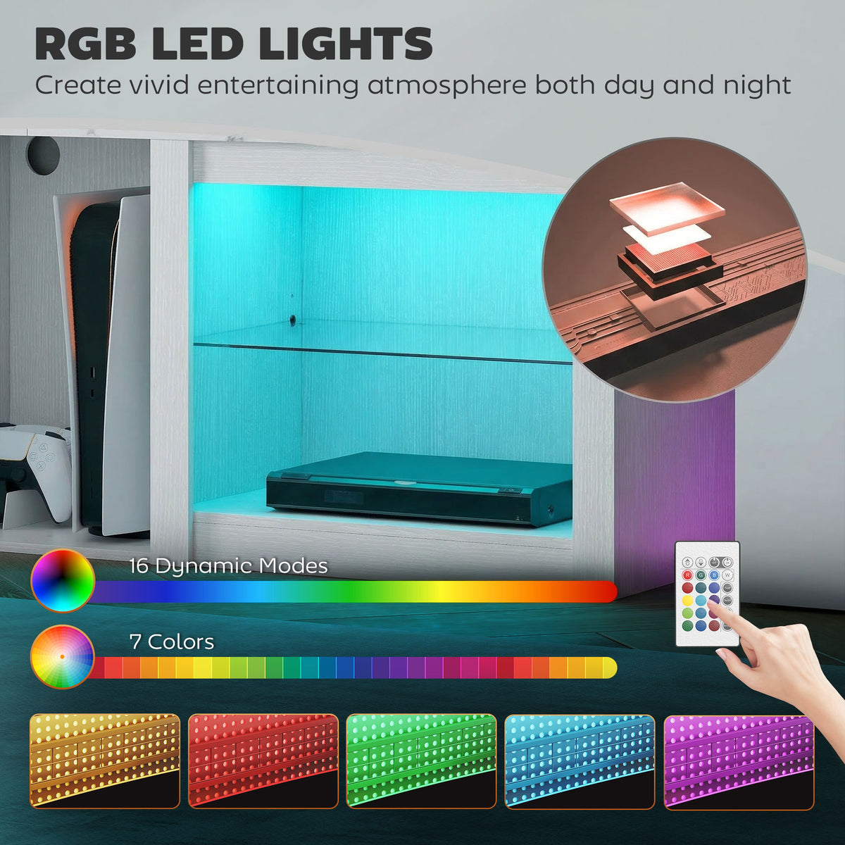 TV Stand with RGB LED Lights and Glass Shelves - White