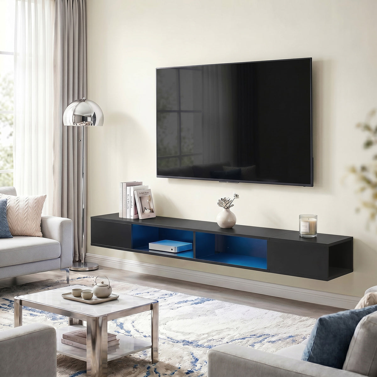 Black Floating Wall-Mounted TV Stand with RGB LED Lights