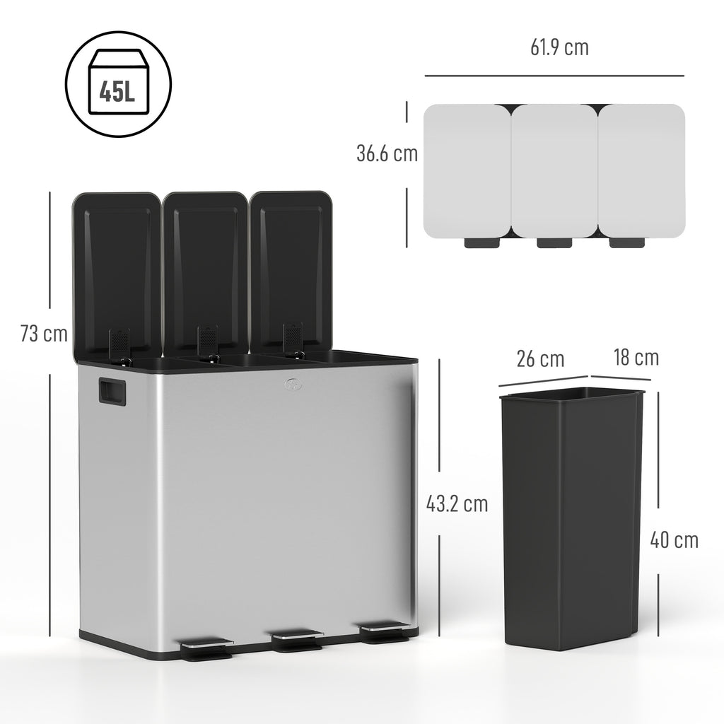 Triple Compartment Pedal Bin with Soft-Close Lid