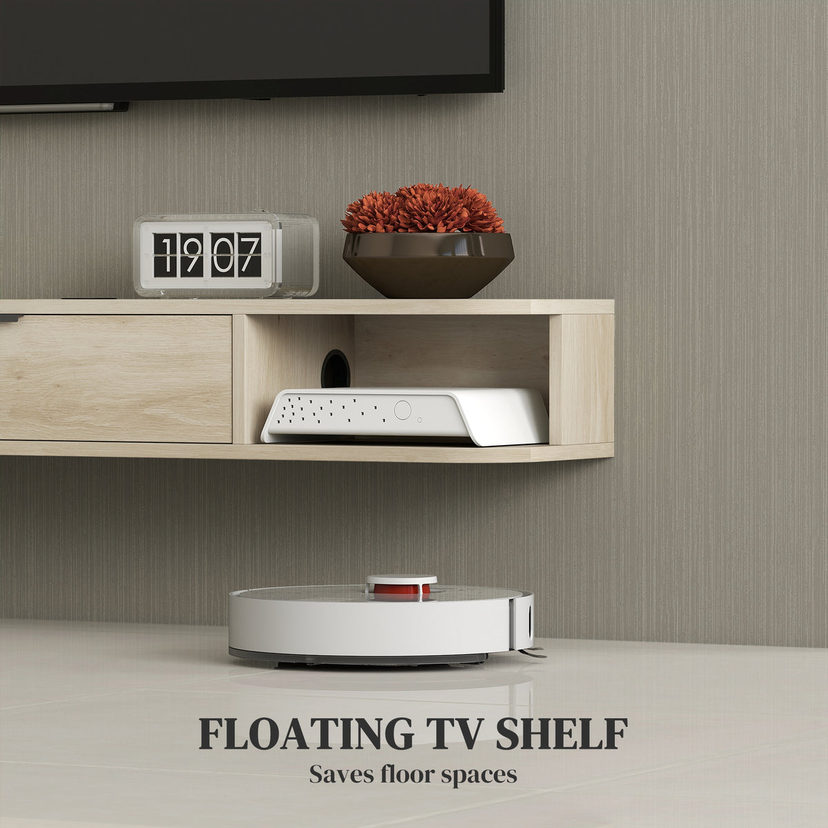 Natural Wood Floating TV Unit with Flip Drawer