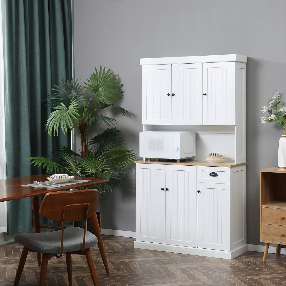 Kitchen Cabinet with Microwave Countertop and Storage Drawer White