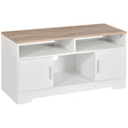 White and Wood TV Stand with Cabinets and Open Shelf