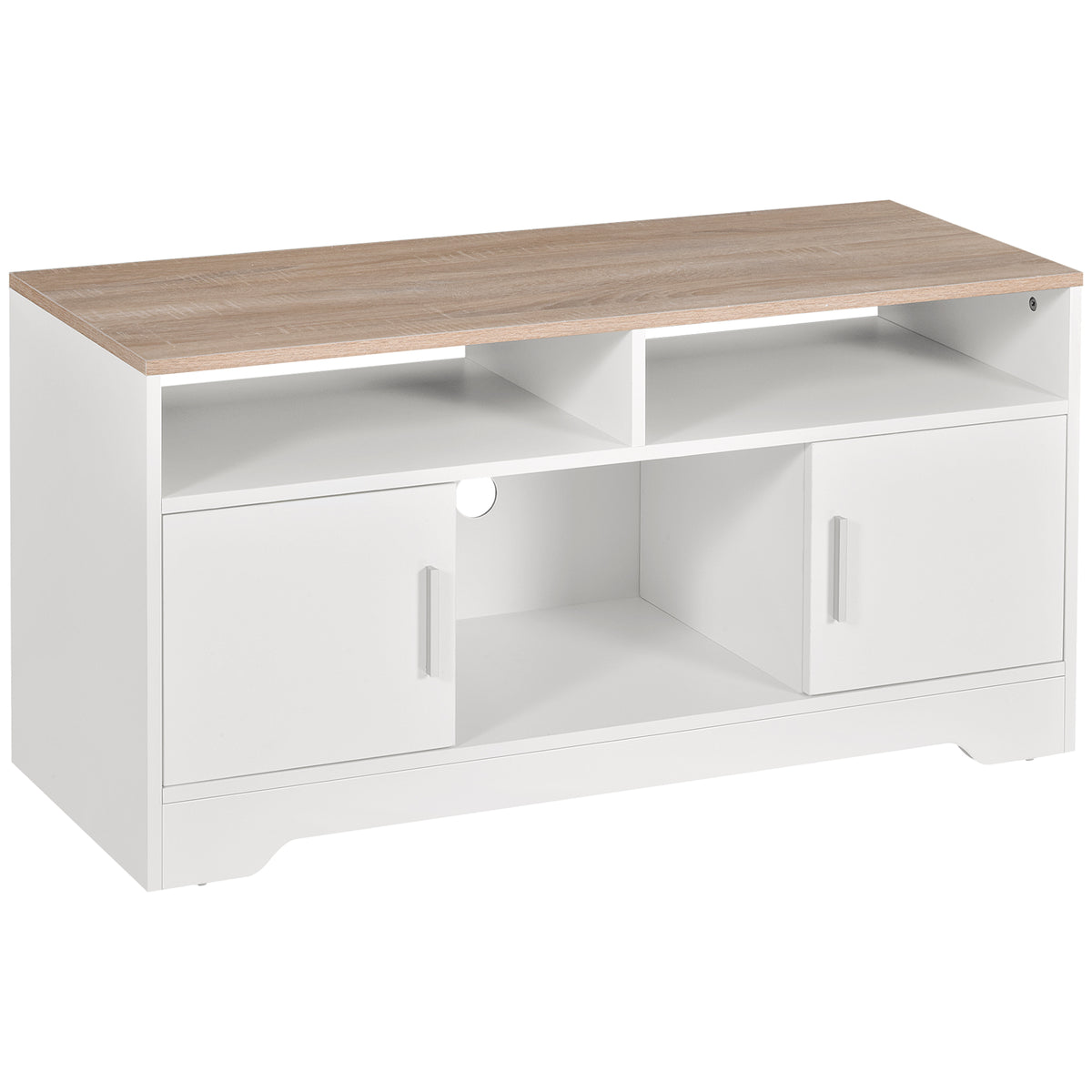 White and Wood TV Stand with Cabinets and Open Shelf