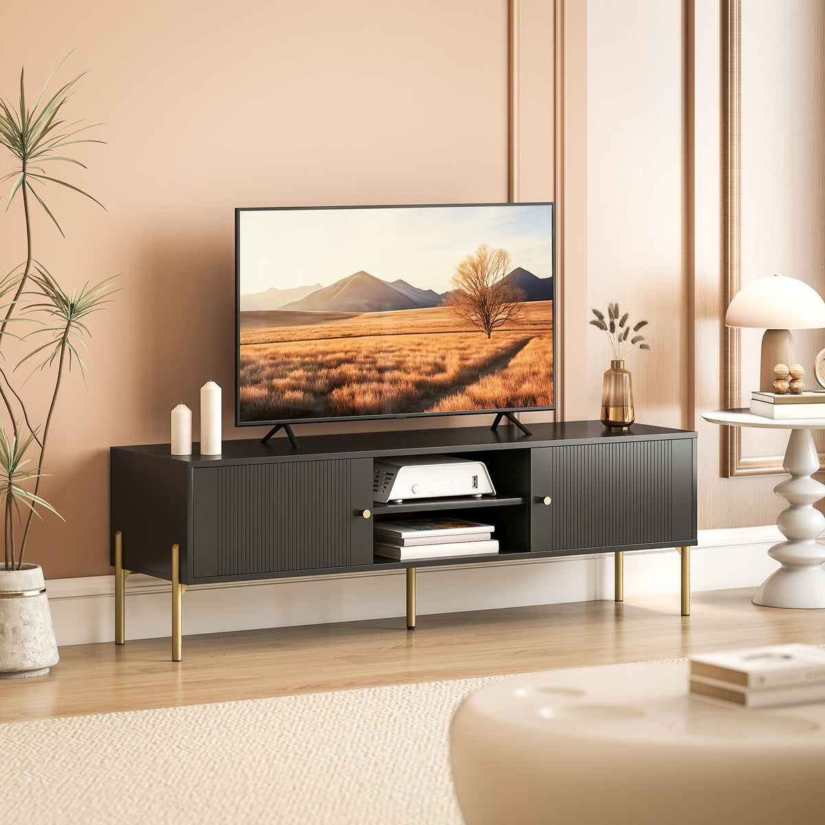 Black Fluted TV Stand with Gold Legs and 2 Cabinets
