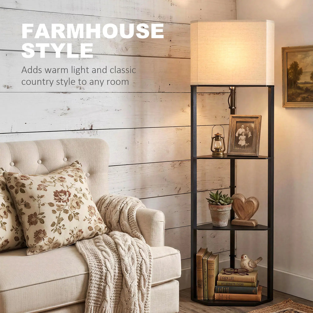 Corner Design Floor Lamp with Shelves and Pull Chain Switch