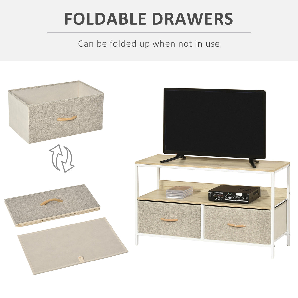 and Black TV Cabinet with Foldable Linen Drawers - Maple wood-effect