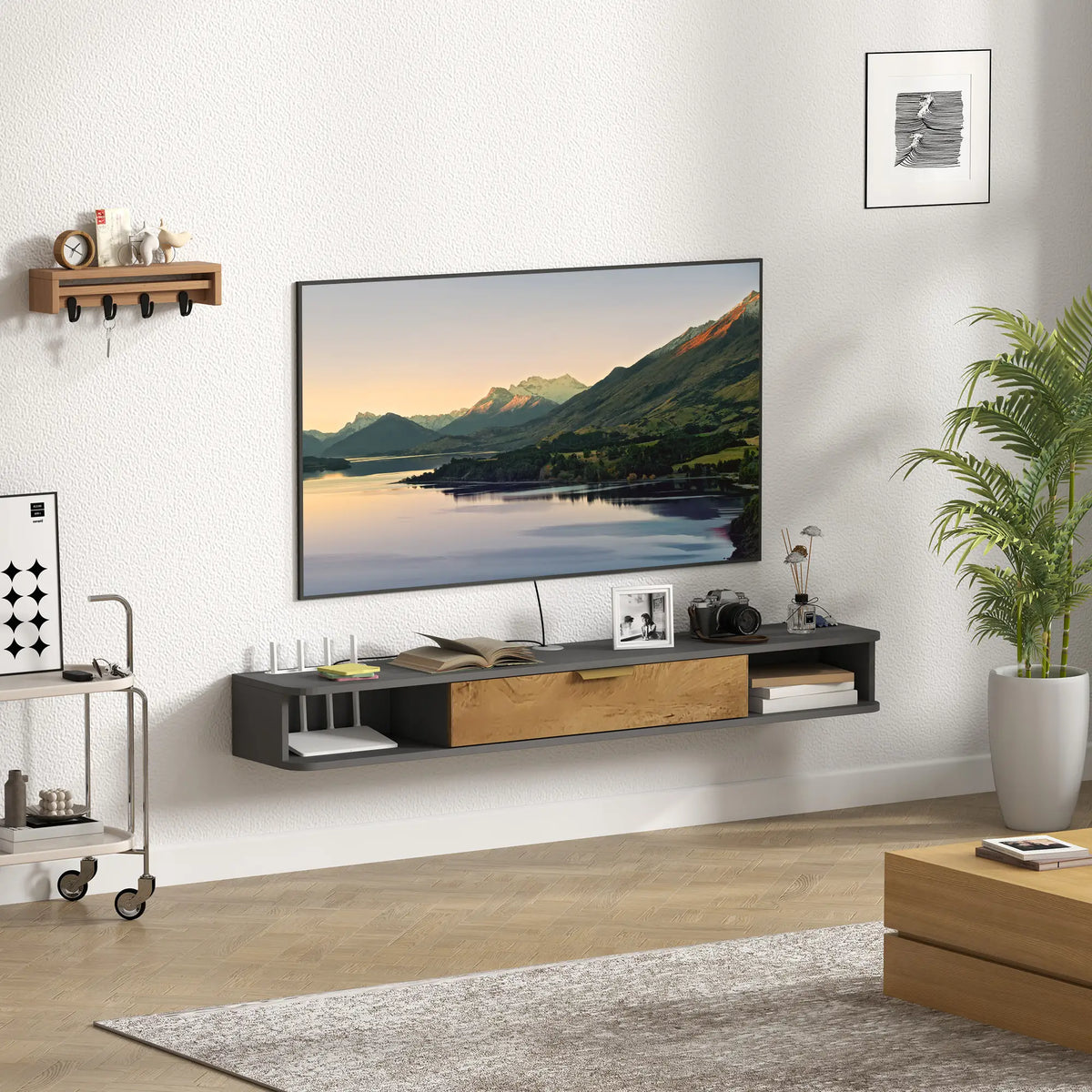 Charcoal Grey Floating TV Cabinet with Cable Management