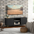 Black Beadboard TV Stand with 2 Cabinets and Open Shelves