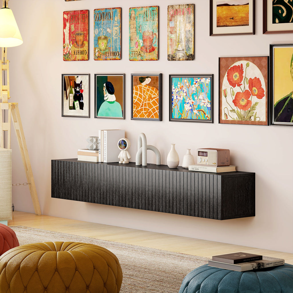 Black Fluted 140cm Floating TV Stand with Flip Cabinets