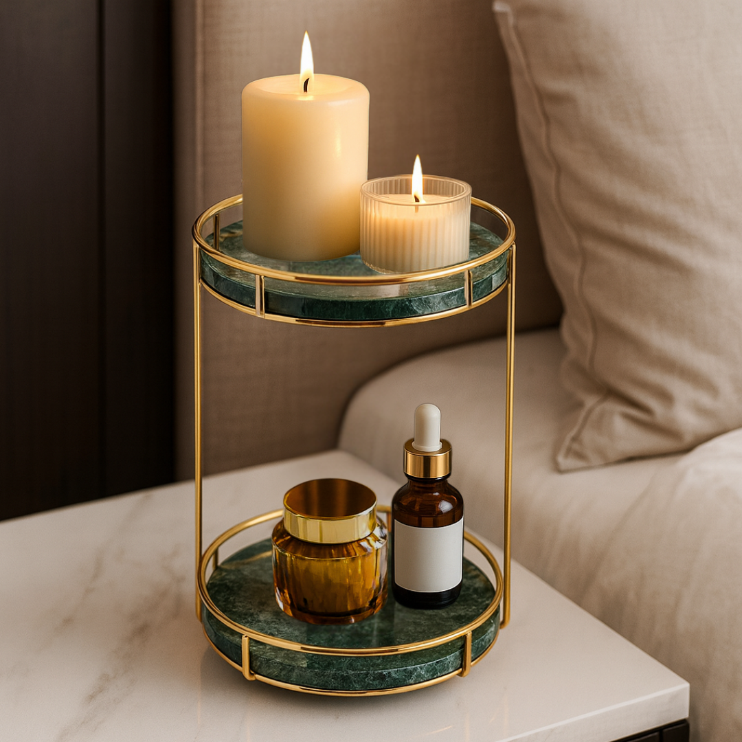 Round Marble Two-Tier Display Tray with Gold Frame