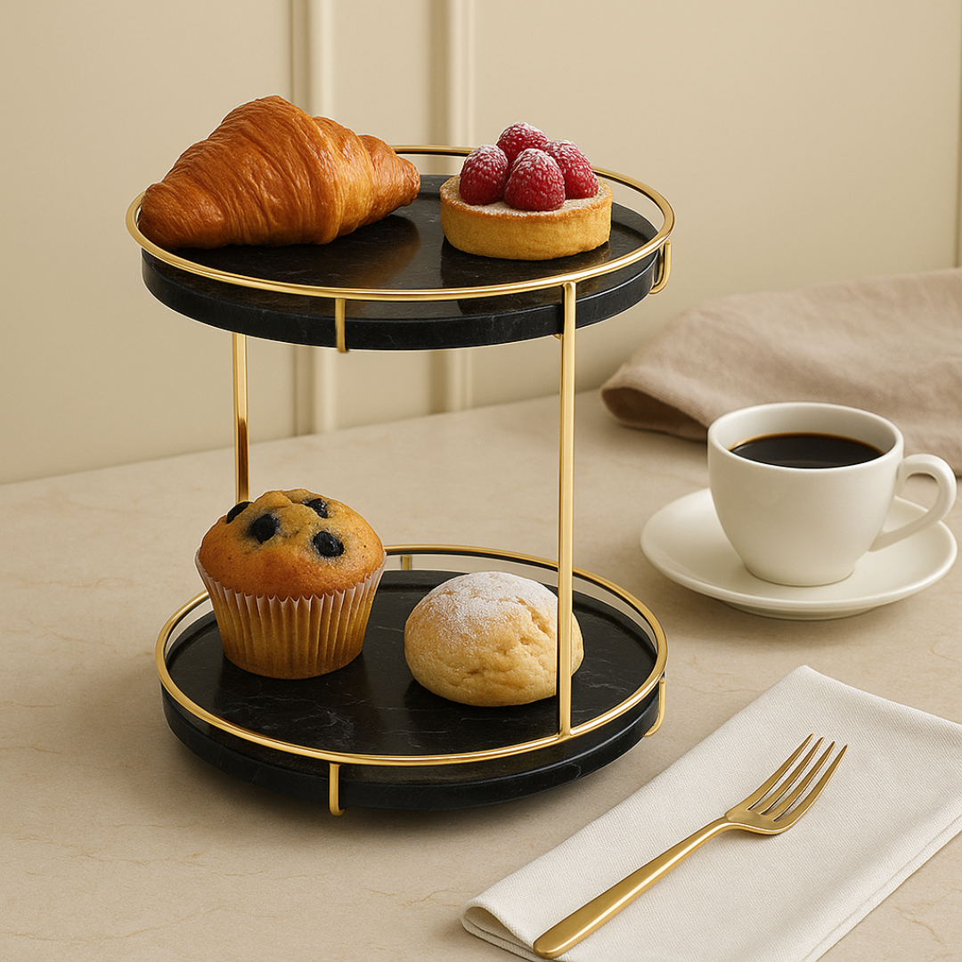 Round Marble Two-Tier Display Tray with Gold Frame