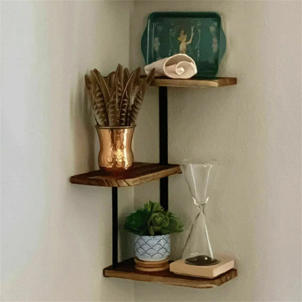 Lucca 3-Tier Corner Floating Shelf with Wood & Metal Frame