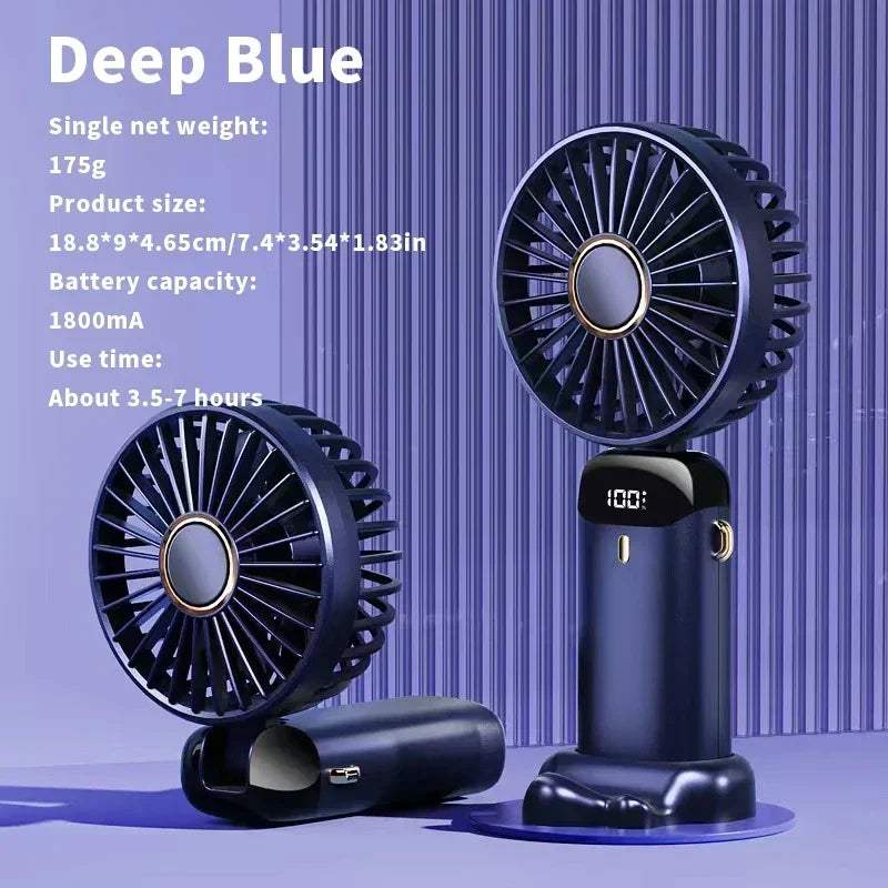 Portable Mini Handheld Fan with 3000mAh Battery Foldable Neck Design USB Rechargeable 5 Speed Adjustable with Phone Stand and Display Screen