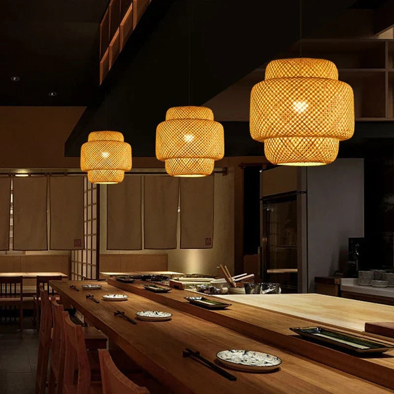 Handwoven Bamboo Pendant Lamp with Rattan Shade