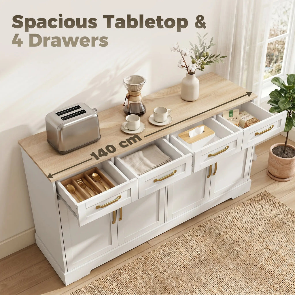Sideboard Buffet Cabinet with Four Drawers and Adjustable Shelves