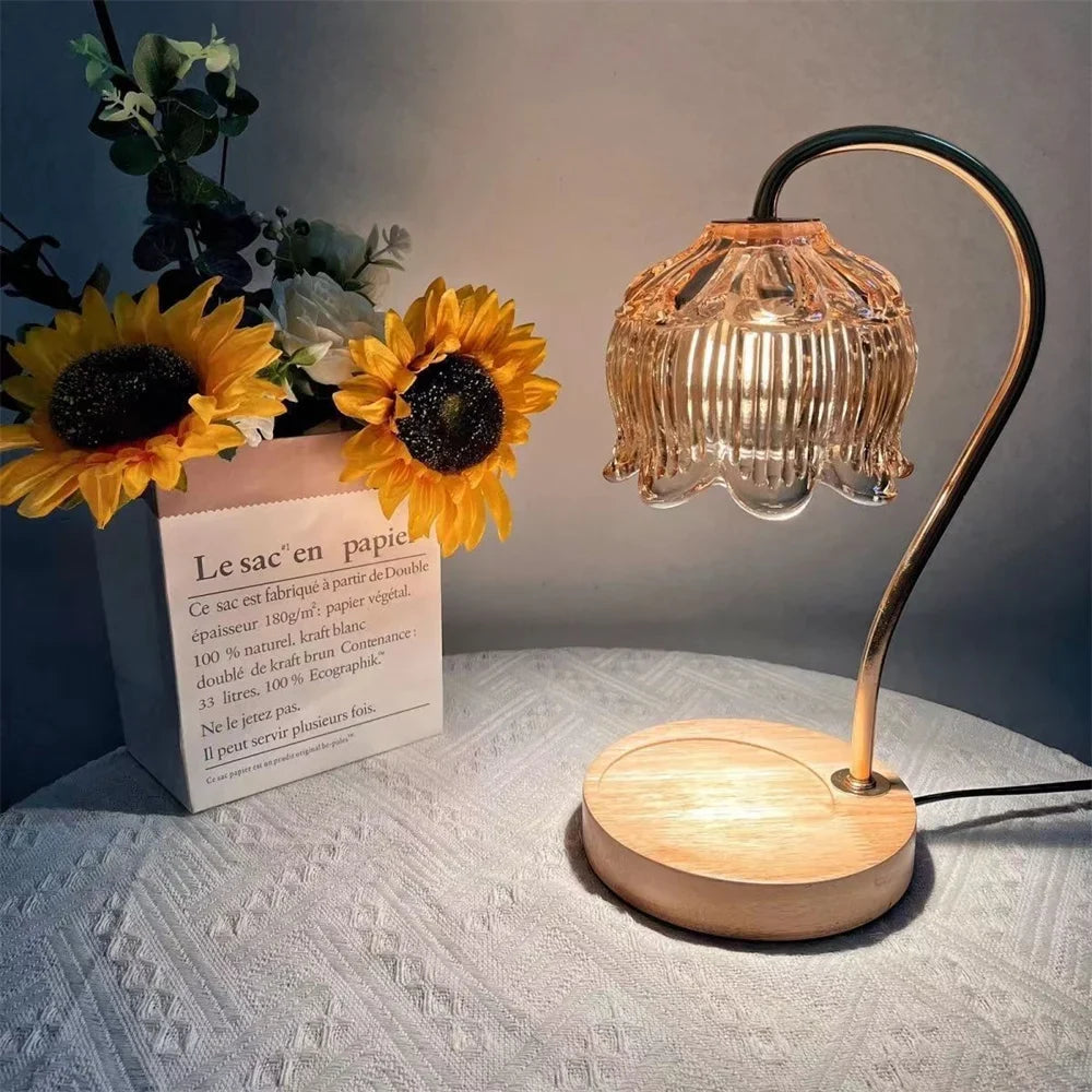 PetalGlow Candle Warmer Lamp with Retro Glass Shade