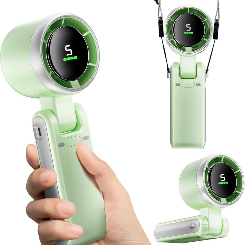 Portable Rechargeable Handheld Fan with 5 Speed Settings and Digital Display for Home and Travel Use