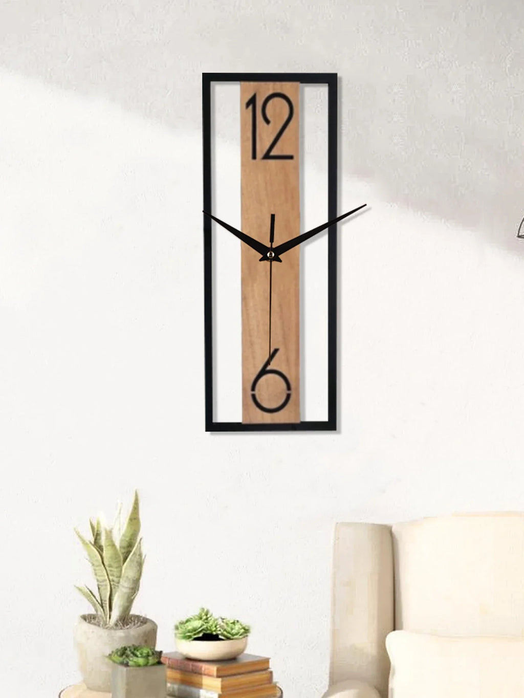 Modern Rectangular Wall Clock with Slim Wood Grain Frame